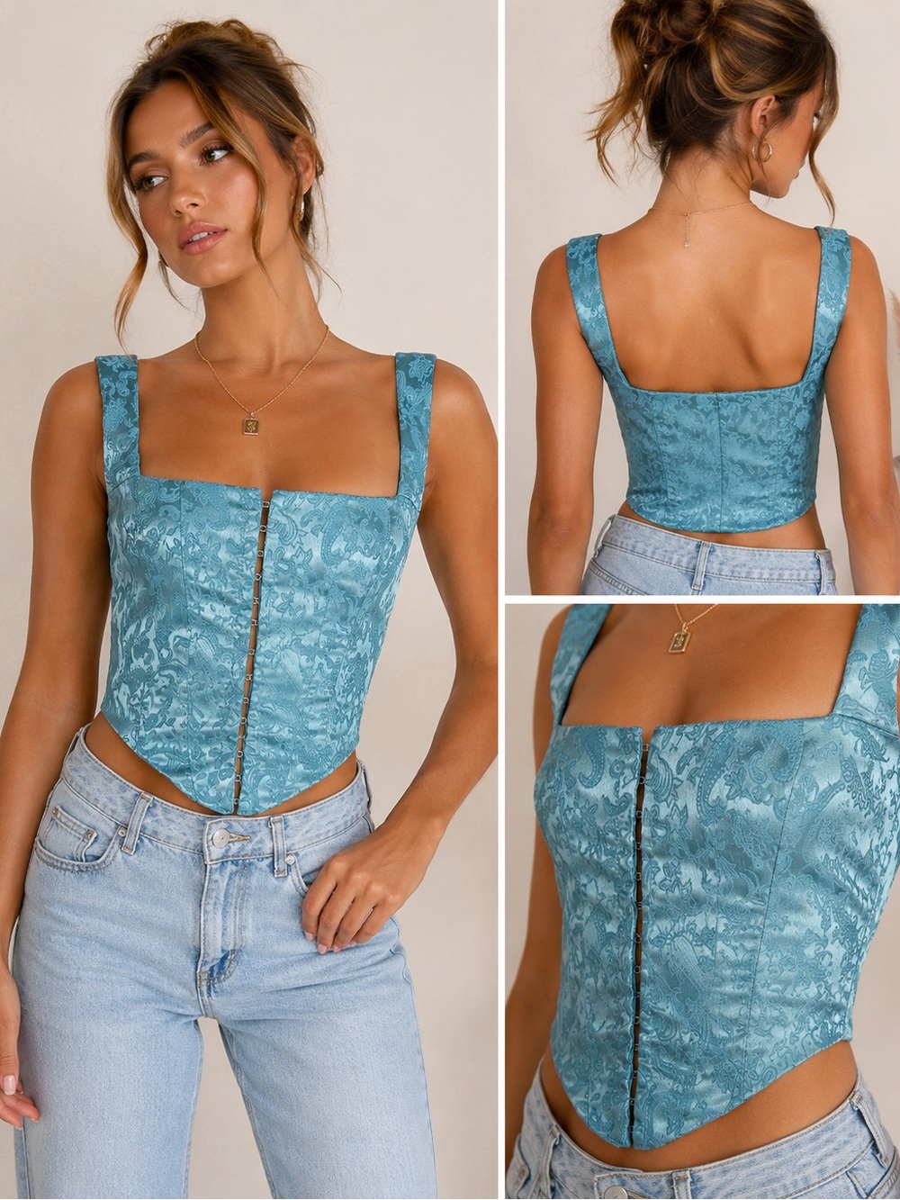 Princess Polly Teal Brocade Corset Camisole